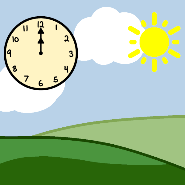 A clock with both hands pointing up to '12,' in front of a scene with two hills, a light blue sky with two clouds, and a sun.